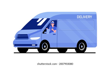 Cargo van with driver isolated. Vector flat style illustration.