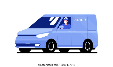 Camión de carga con conductor con máscara médica aislado. Ilustración vectorial de estilo plano.