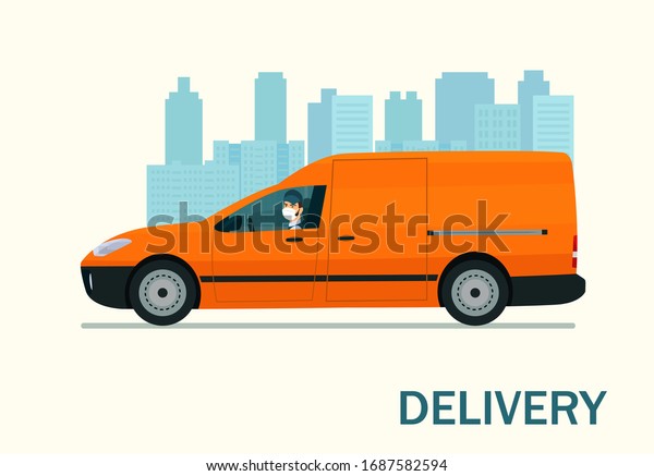 Cargo\
van with a driver in a medical mask against the background of an\
abstract cityscape. Vector flat style\
illustration.