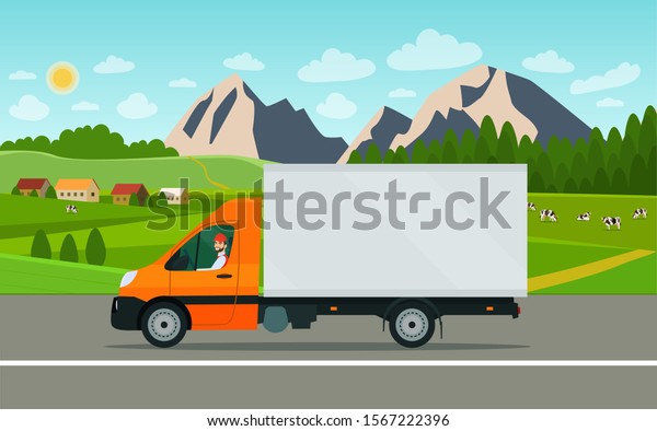 Cargo van with a driver on a landscape\
background. Vector flat style\
illustration.
