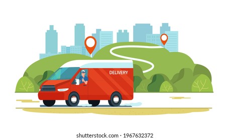 Cargo van with driver on the road against the backdrop of a rural landscape. Vector flat style illustration.