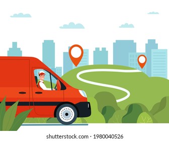 Cargo van with driver on the road against the backdrop of a rural landscape. Vector flat style illustration.