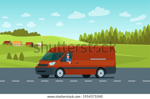 Cargo van with\
driver on the road against the backdrop of a rural landscape.\
Vector flat style\
illustration.