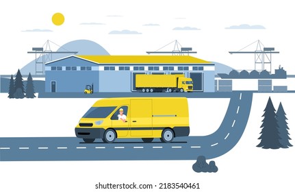 Cargo van with driver and pre-port warehouse. Vector illustration.