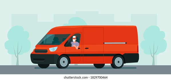 Cargo van with a face masked driver against the background of an abstract cityscape. Vector flat style illustration.