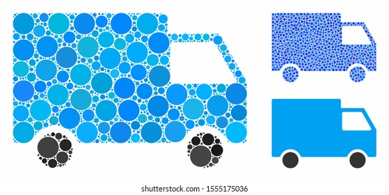 Cargo van mosaic of round dots in variable sizes and color hues, based on cargo van icon. Vector round dots are united into blue mosaic. Dotted cargo van icon in usual and blue versions.