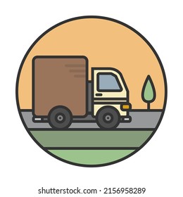 Cargo van on the highway. Line icon