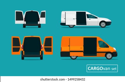 Cargo van set with open tailgate. Side view and back view. Vector flat style illustration.