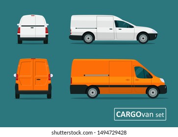 Cargo van set. Side view and back view. Vector flat style illustration.