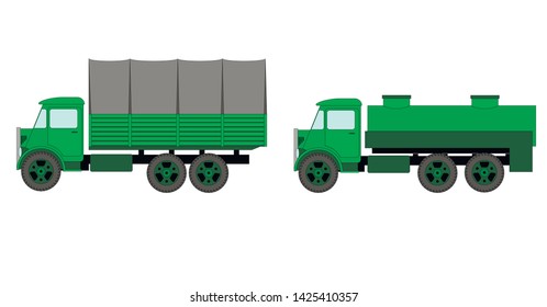 Cargo van and tank isolated on white background, vector illustration