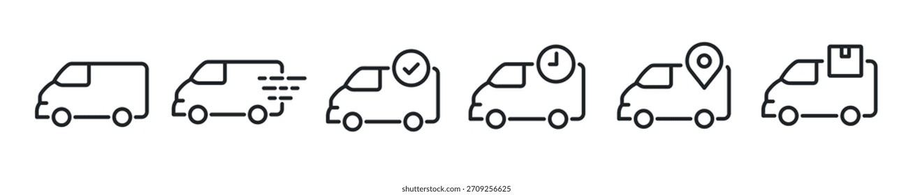 Conjunto de iconos de línea delgada Cargo Van. Iconos mínimos de Web