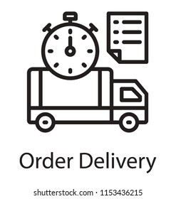 
Cargo van with time clock and checklist, pictogram for shipping time 
