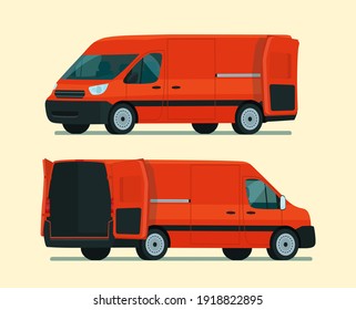 Cargo van two angle set. Van with open cargo door. Vector flat style illustration.