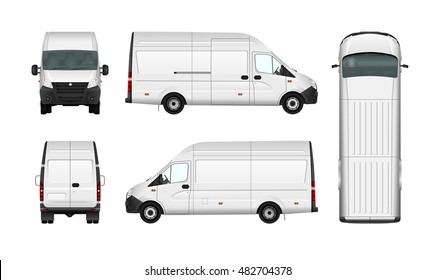 Cargo van vector illustration blank on white background. Isolated delivery truck. Vehicle branding mockup. All elements in the groups on separate layers. View from side, front, back and top.