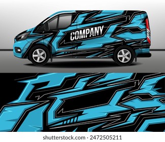 Diseño de envoltura de furgoneta de carga. Rayas abstractas gráficas azules y blancas para la marca del coche. Diseño de camuflaje moderno para envolturas de coches de vinilo
