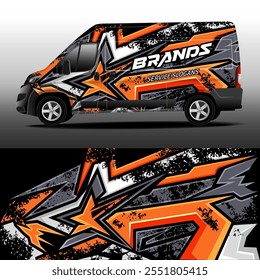 
Packungsdesigns für Transporter. Autoaufkleber. Grafische abstrakte orange-graue Grunge-Streifen auf schwarzem Hintergrund für die Markenbildung. Modernes Camouflage-Design für Auto Vinyl Wrap.