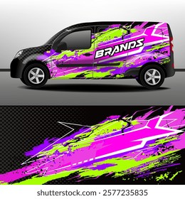 Cargo van wrap designs. Graphic abstract pink, purple and light green grunge stripes for car branding. Modern camouflage design for vehicle vinyl wrap.