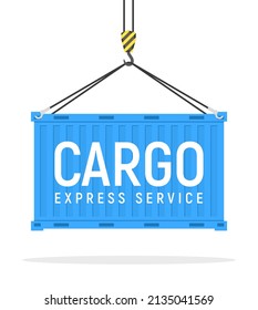 Ilustración plana de la caja azul de la grúa vectorial de carga. Vista lateral del diseño del almacenamiento de caja de metal de carga sobre blanco