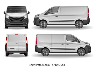Cargo vehicle front, side and rear view. Silver delivery mini van isolated. Delivery Van Mockup for Advertising and Corporate transport. Vector illustration of Realistic car.