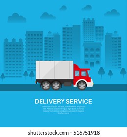 Cargo vehicle on the background of the city. A motor van of the delivery service in the residential massif. Fast transportation of goods. A vector illustration for posters in flat style.