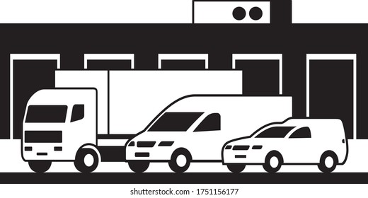 Cargo vehicles and warehouse – vector illustration