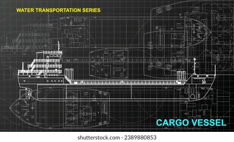 Modelo de buque de carga. Papel de la pantalla de dibujo de líneas de la serie de transporte de agua. Dibujo artístico. Líneas de cuadrícula dibujando sobre fondo oscuro. 