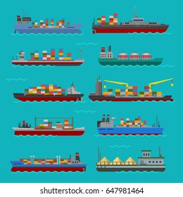 Cargo vessels and tankers shipping delivery bulk carrier train ferry freight industrial goods boat tankers isolated vector illustration