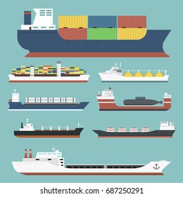 Cargo vessels and tankers shipping delivery bulk carrier train freight boat tankers isolated on background vector illustration