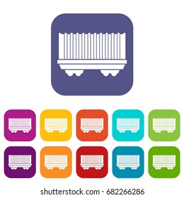Cargo wagon icons set vector illustration in flat style in colors red, blue, green, and other