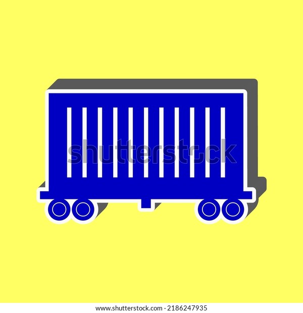 Cargo wagon sign. Blue Icon with white\
stroke in 3d at yellow Background.\
Illustration.