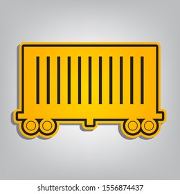 Cargo wagon sign. Flat orange icon with overlapping linear black icon with gray shadow at whitish background. Illustration.