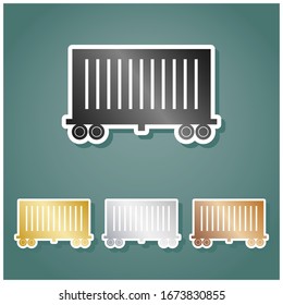 Cargo wagon sign. Set of metallic Icons with gray, gold, silver and bronze gradient with white contour and shadow at viridan background. Illustration.