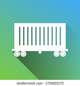 Cargo wagon sign. White Icon with gray dropped limitless shadow on green to blue background. Illustration.