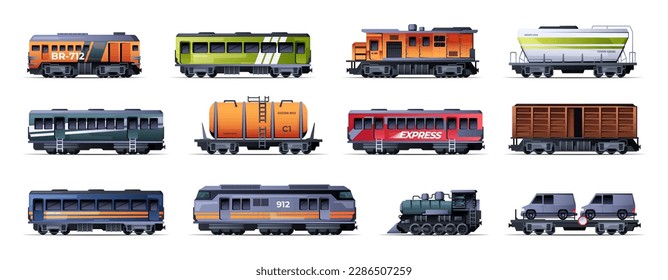 Cargo wagons. Cartoon transport wagon with cargo and containers, flat transport industrial van with cargo and goods. Vector isolated set. Passenger and fright vehicles for shipment