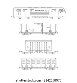 Cargo wagons and tank wagons of a railway train. Line drawings of wagons and locomotive.