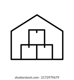 Cargo warehouse room with box outline icon. Delivery, shipping and logistic concept. Vector monochrome illustration isolated on white background..