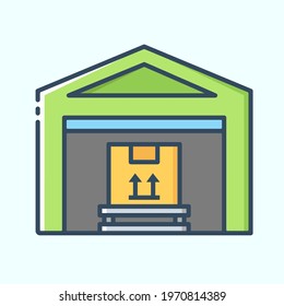 Cargo warehouse room with boxes colored icon. Loading and storage of goods concept. Vector stylish flat illustrations on light blue background.