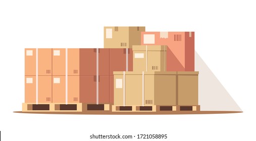 Cargo in warehouse semi flat RGB color vector illustration. Freight storage. Parcels in storehouse for distribution. Stack of carton boxes on pallet isolated cartoon object on white background