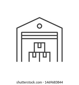 Cargo warehouse, storage with cardboard boxes inside line icon.  
