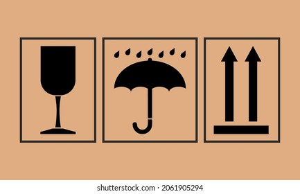 Cargo warning, parcel caution signs. Packaging symbol, icon on box transport. Handling with care. Protect from water rain. Fragile glass. Do not turn upside down. Logistics and delivery labels.