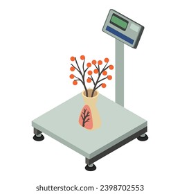 Cargo weighing icon isometric vector. Industrial electro scale with flower vase. Shipment and delivery concept