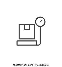 Cargo Weight Balance Line Icon, Outline Vector Sign, Linear Style Pictogram Isolated On White. Weigh Scale With Parcel Cardboard Box Symbol, Logo Illustration. Editable Stroke