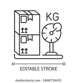 Cargo weight linear icon. Postal service, freight transportation thin line customizable illustration. Measuring parcels mass. Contour symbol. Vector isolated outline drawing. Editable stroke