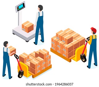 Cargo weight, scales, packaging. Measurement of weight of box with goods. International shipping worldwide from China. Men work with equipment. Workers loading boxes on carrier. Postal transportation