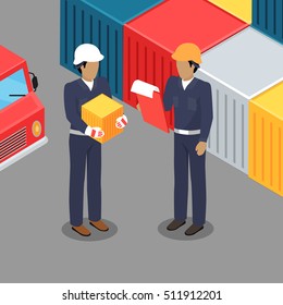Cargo worker and foreman with clip board talking in warehouse. Supervisor checking containers data. Inspector controlling working process in the seaport. Coworkers near cargo containers. Vector