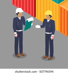 Cargo Worker And Foreman Talking In Warehouse. Two People Discussing Business Issues Near The Ship Container Cargoes. Engineer And Worker In Helmets Talking In Flat Style Design. Vector Illustration