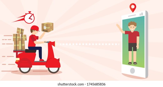Cargo worker keeping social distance. Online shopping with fast cargo delivery.  Modern flat vector.