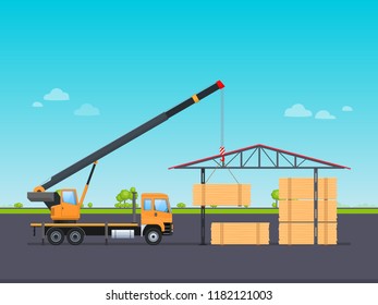 Cargo working machine, car with crane, unloads the wooden logs into warehouse with canopy. Summer road, transportation of lumber on machine for further processing at factory. Vector illustration.