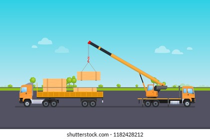 Cargo working machine, car with crane, unloads the wooden logs into warehouse with canopy. Summer road, transportation of lumber on machine for further processing at factory. Vector illustration.