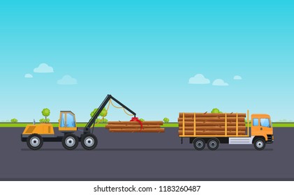 Cargo working machine, car with crane, unloads the wooden logs into warehouse with canopy. Summer road, transportation of lumber on machine for further processing at factory. Vector illustration.